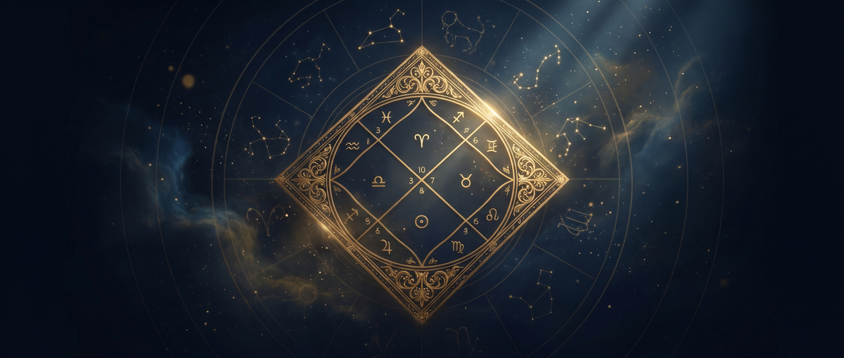 Glowing golden Vedic Kundli birth chart over a navy cosmic sky — Horocosmo astrology guide