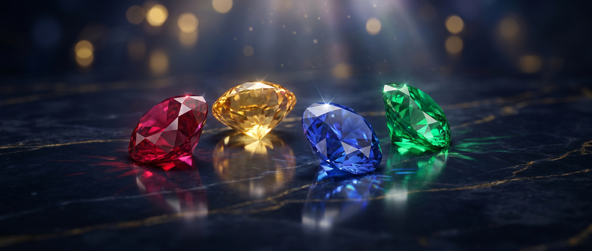 Ruby, yellow sapphire, blue sapphire and emerald gemstones on navy marble — Horocosmo gemstone guide