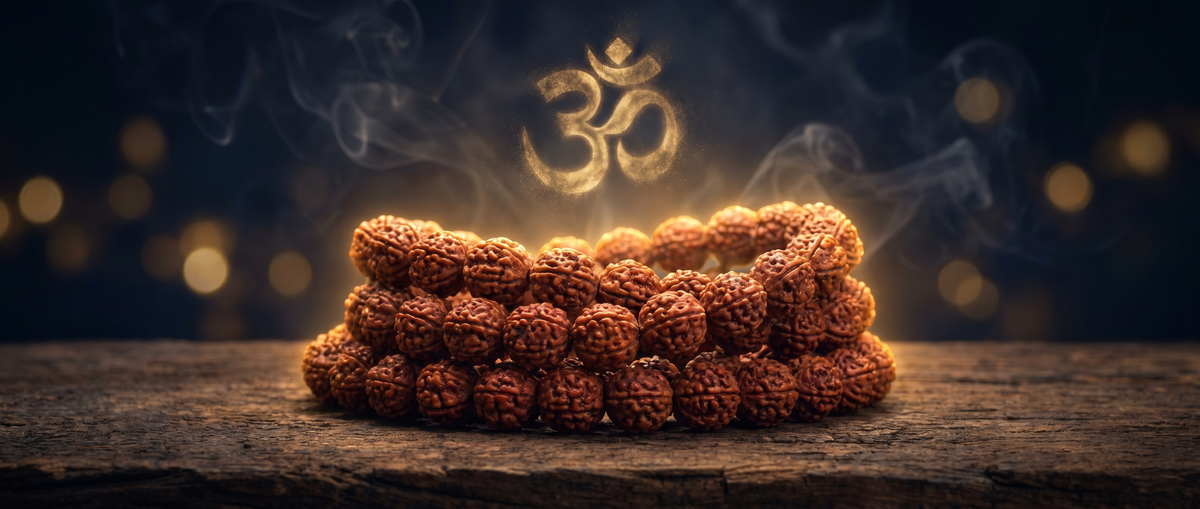 Authentic Rudraksha mala with warm divine glow on a navy background — Horocosmo Rudraksha guide