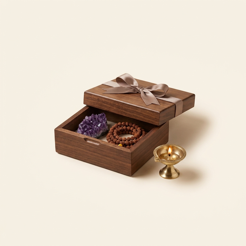 Gifts ₹2,500–₹4,999 — wooden gift box with amethyst, mala and diya