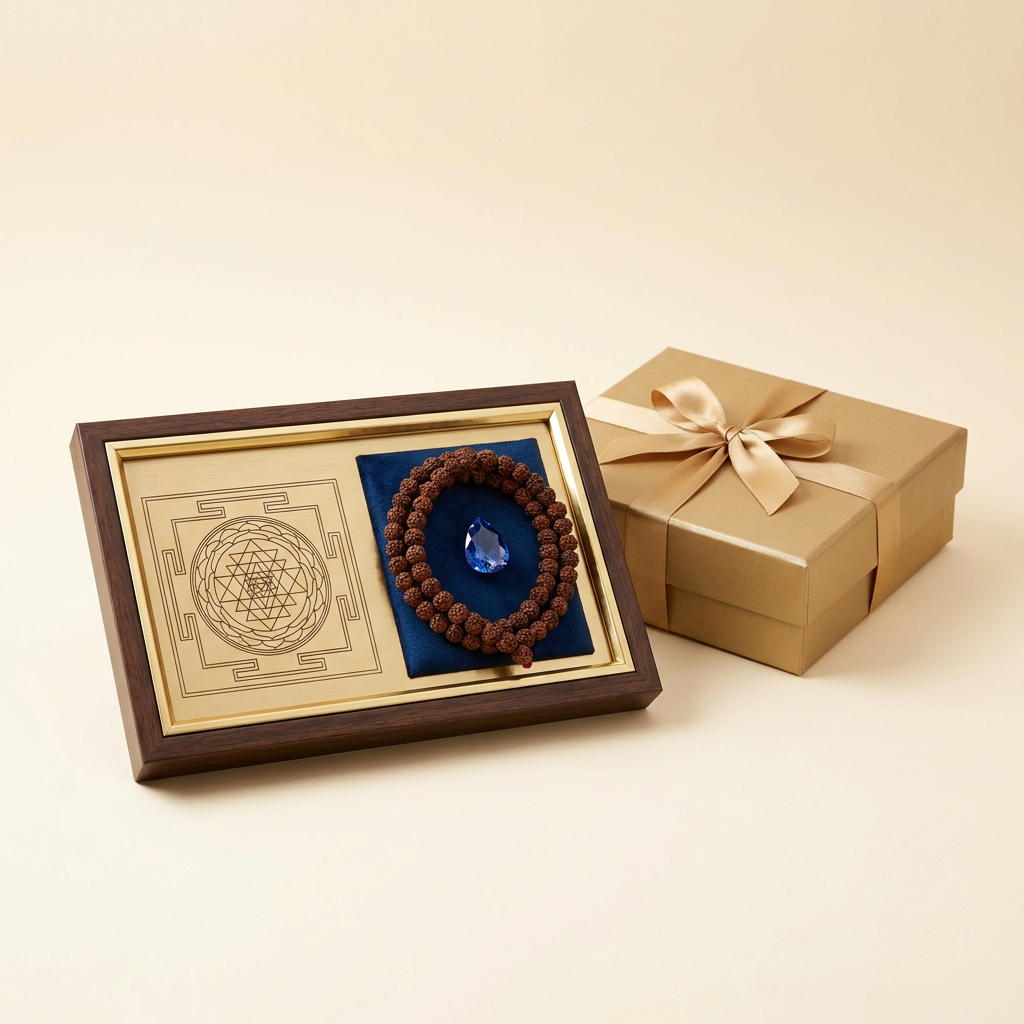 Gifts ₹5,000 & Above — premium arrangement with Shree Yantra, gemstone and mala