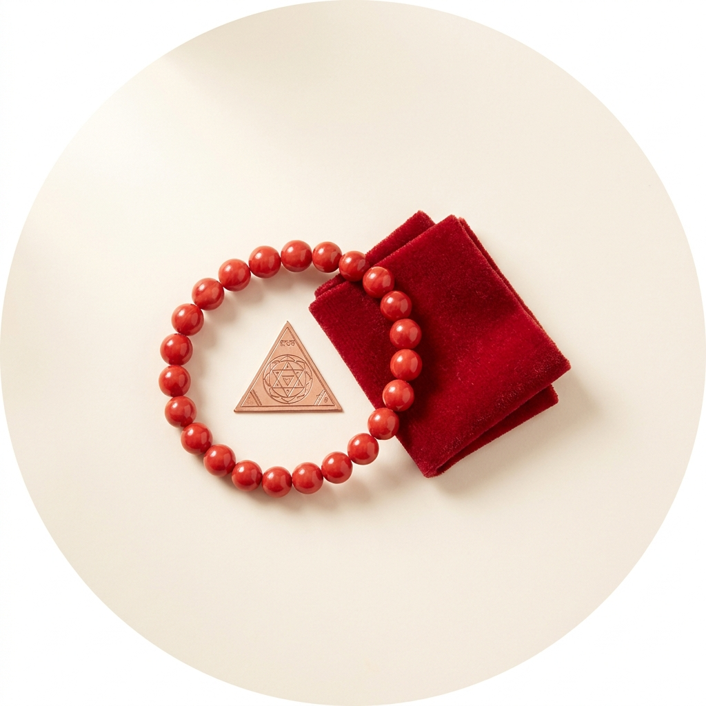 Mangal Dosh remedies — red coral bracelet with copper Mangal yantra