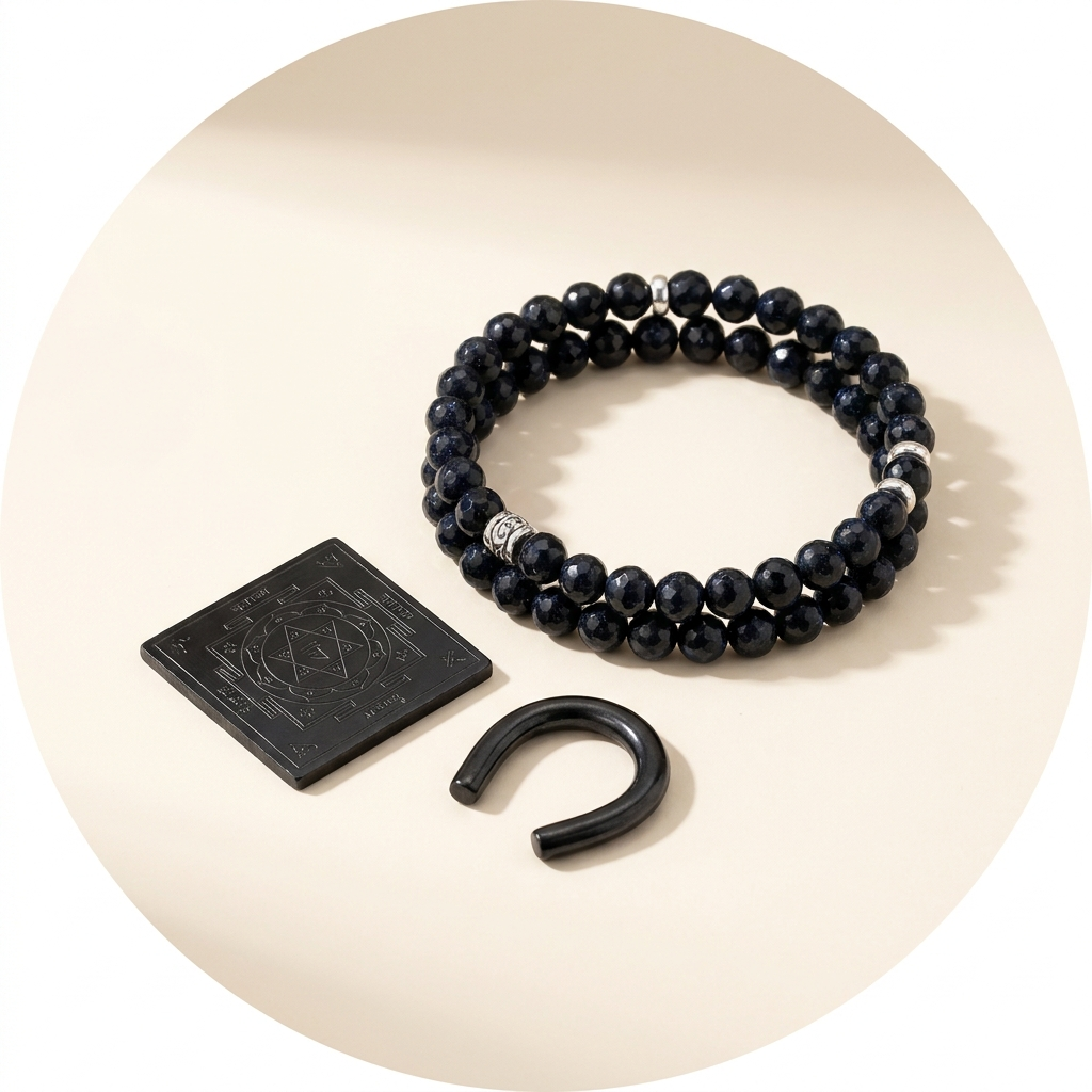 Shani remedies — blue-black beads with iron Shani yantra and horseshoe ring