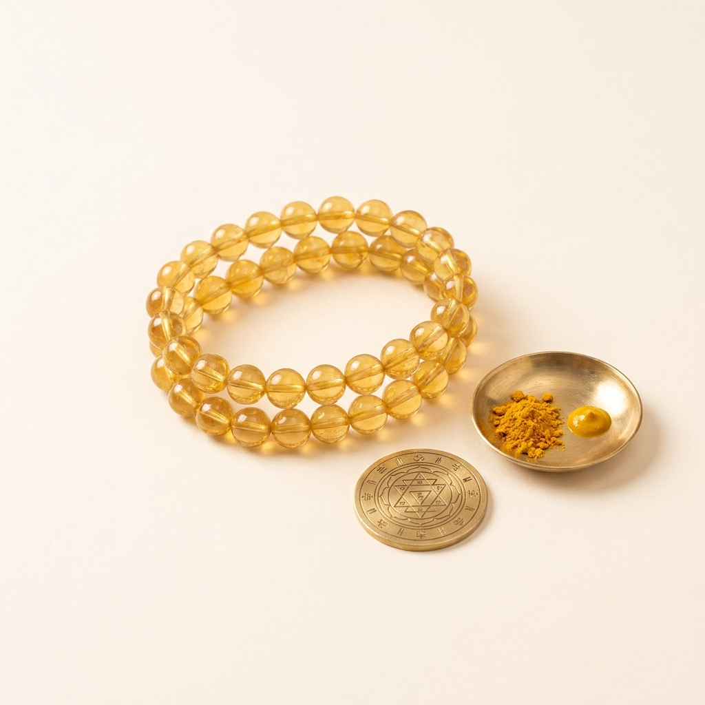 Guru remedies — yellow sapphire-tone beads with Guru yantra and turmeric