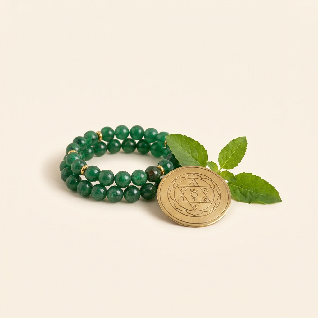 Budh remedies — emerald-tone beads with Budh yantra and tulsi