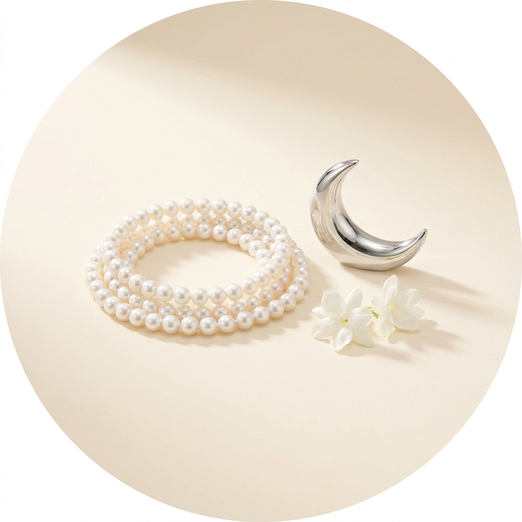 Chandra remedies — pearl mala with silver crescent moon