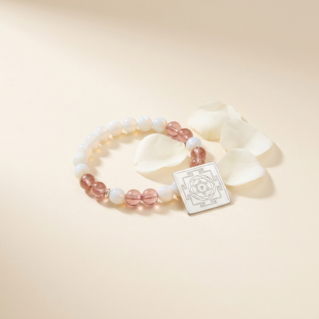 Shukra remedies — opal and rose-tone beads with silver Shukra yantra