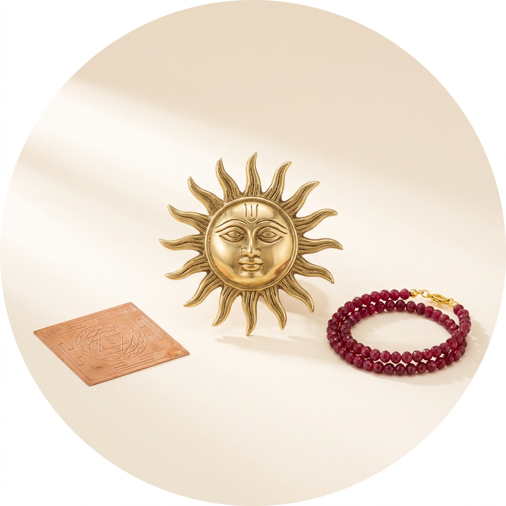Surya remedies — brass sun emblem with ruby beads and Surya yantra