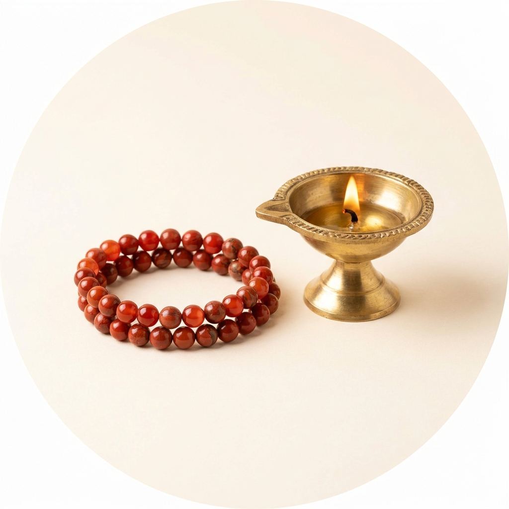 Energy & Confidence — carnelian and jasper bracelet beside glowing diya