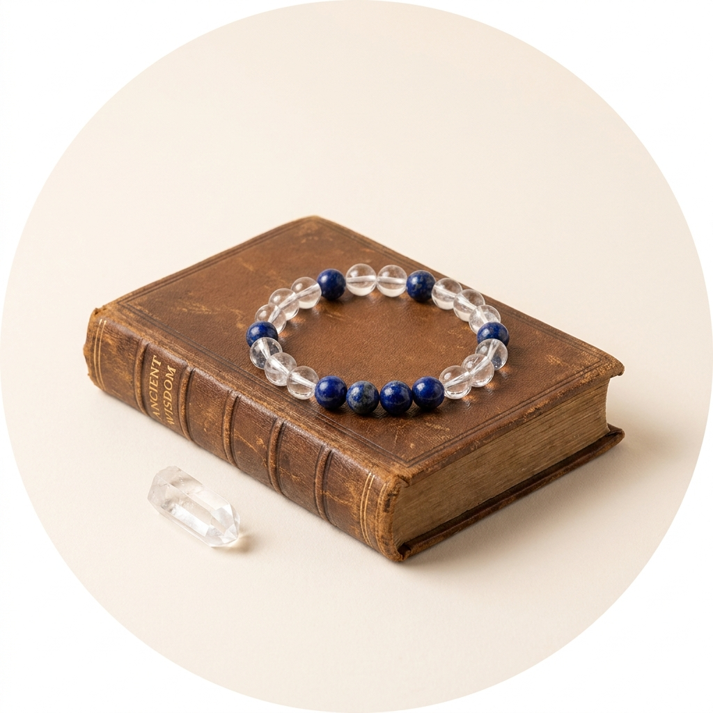 Focus & Study — clear quartz and lapis bracelet on vintage book