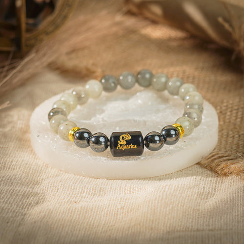 Aquarius Zodiac Kumbh Rashi Bracelet with Labradorite & Hematite (Spiritual Wellbeing, Certified)