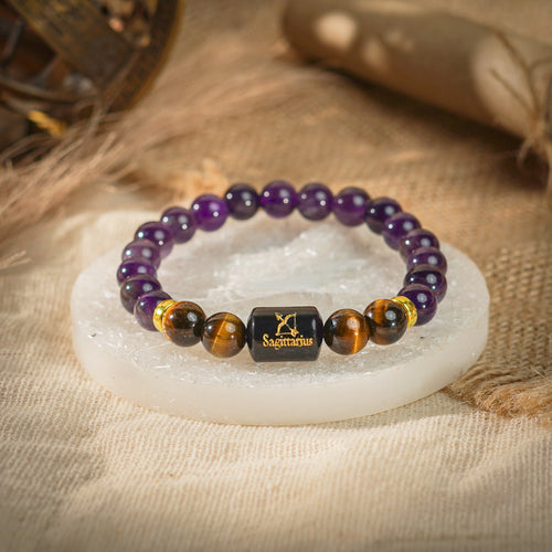 Sagittarius Zodiac Dhanu Rashi Bracelet with Amethyst & Tiger Eye (Calm & Clarity, Certified)