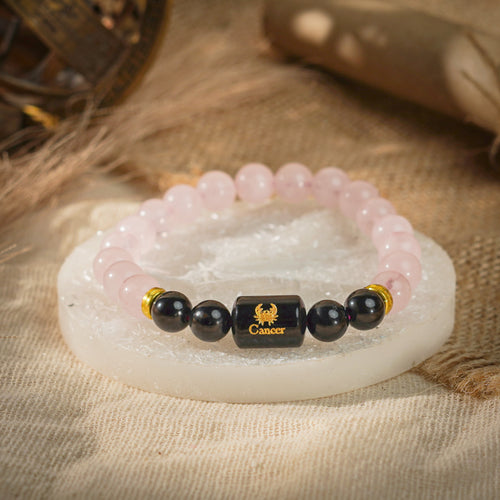 Cancer Zodiac Kark Rashi Bracelet with Rose Quartz & Black Tourmaline (Love & Healing, Certified)