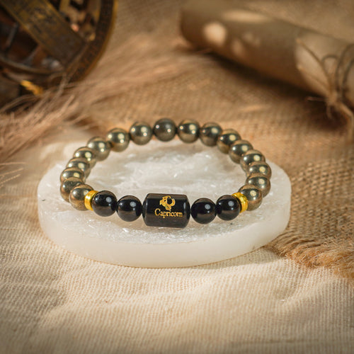 Capricorn Zodiac Makar Rashi Bracelet with Pyrite & Black Onyx (Money & Willpower, Certified)