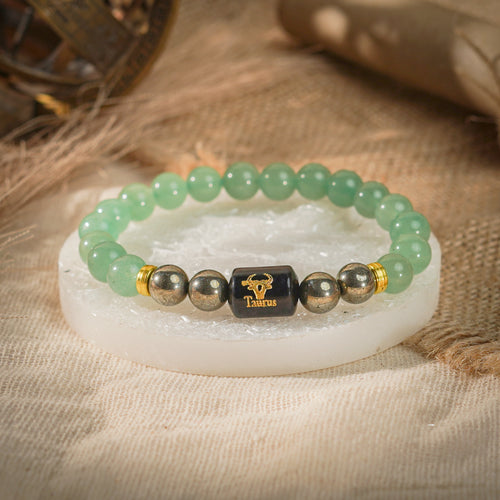 Taurus Zodiac Vrishabh Rashi Bracelet with Green Aventurine and Pyrite (Money & Willpower, Certified)