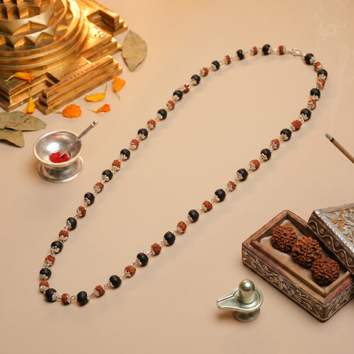 Divya Raksha Rudraksha & Karungali Mala with Silver Capping (Protection from Negativity, Certified)