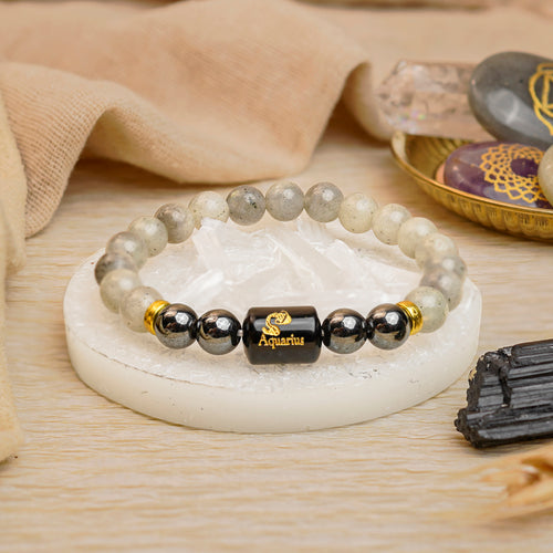Aquarius Zodiac Kumbh Rashi Bracelet with Labradorite & Hematite (Spiritual Wellbeing, Certified)