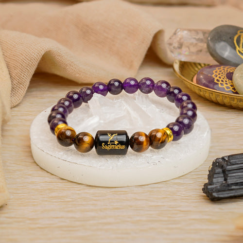 Sagittarius Zodiac Dhanu Rashi Bracelet with Amethyst & Tiger Eye (Calm & Clarity, Certified)