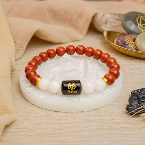 Aries Zodiac Mesh Rashi Bracelet with Red Jasper & Moonstone (Spiritual Wellbeing, Certified)