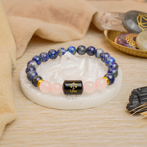 Libra Zodiac Tula Rashi Bracelet with Lapis Lazuli & Rose Quartz (Love & Healing, Certified)