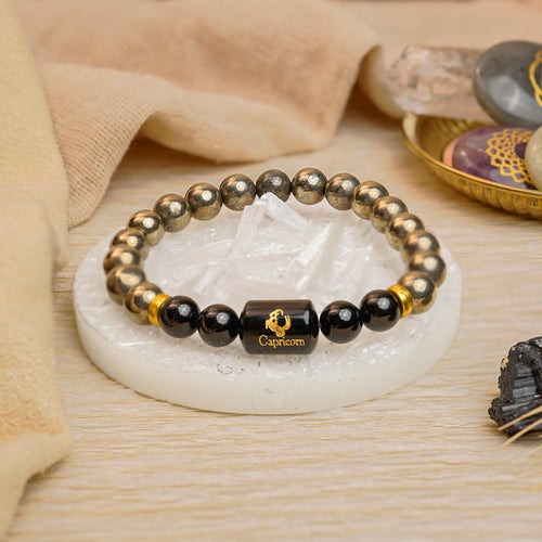 Capricorn Zodiac Makar Rashi Bracelet with Pyrite & Black Onyx (Money & Willpower, Certified)