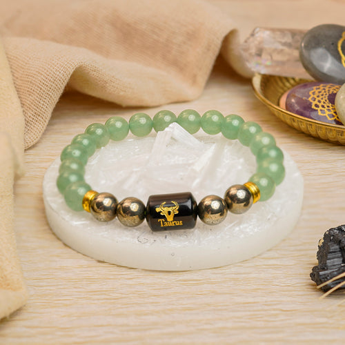 Taurus Zodiac Vrishabh Rashi Bracelet with Green Aventurine and Pyrite (Money & Willpower, Certified)