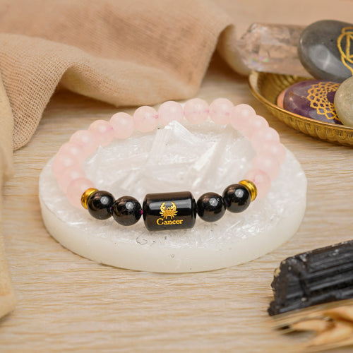 Cancer Zodiac Kark Rashi Bracelet with Rose Quartz & Black Tourmaline (Love & Healing, Certified)