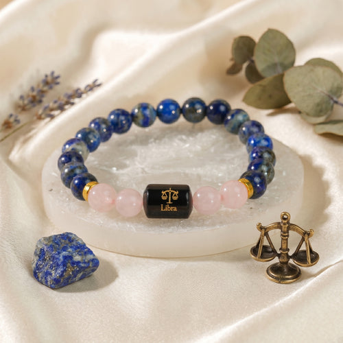 Libra Zodiac Tula Rashi Bracelet with Lapis Lazuli & Rose Quartz (Love & Healing, Certified)