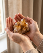 Citrine Cluster held in hands for scale, certified crystal – Horocosmo
