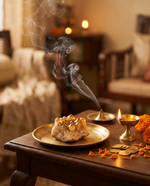 Citrine Cluster on wealth altar with diya and marigold petals – Horocosmo