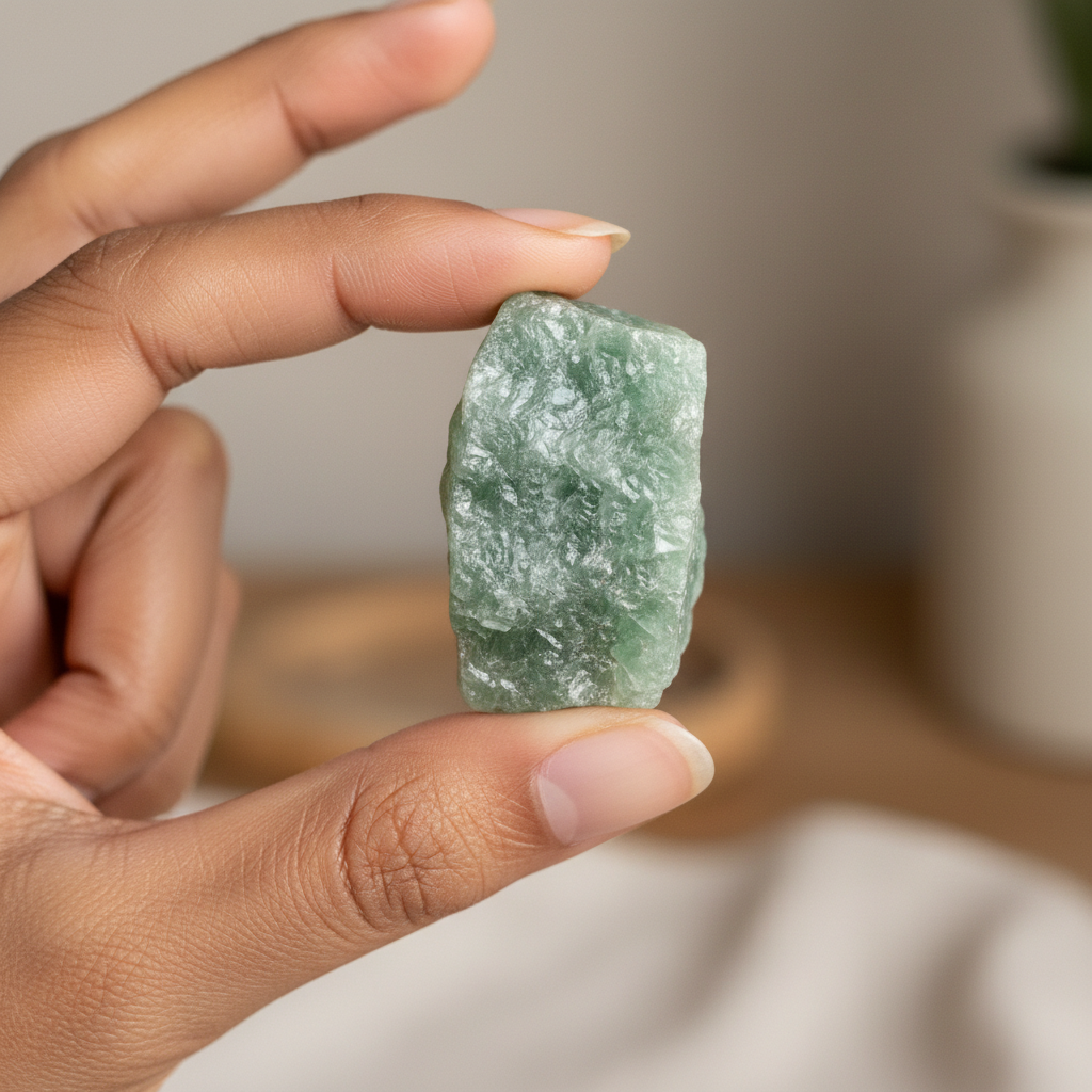 Green Aventurine held in hand for scale, certified crystal – Horocosmo