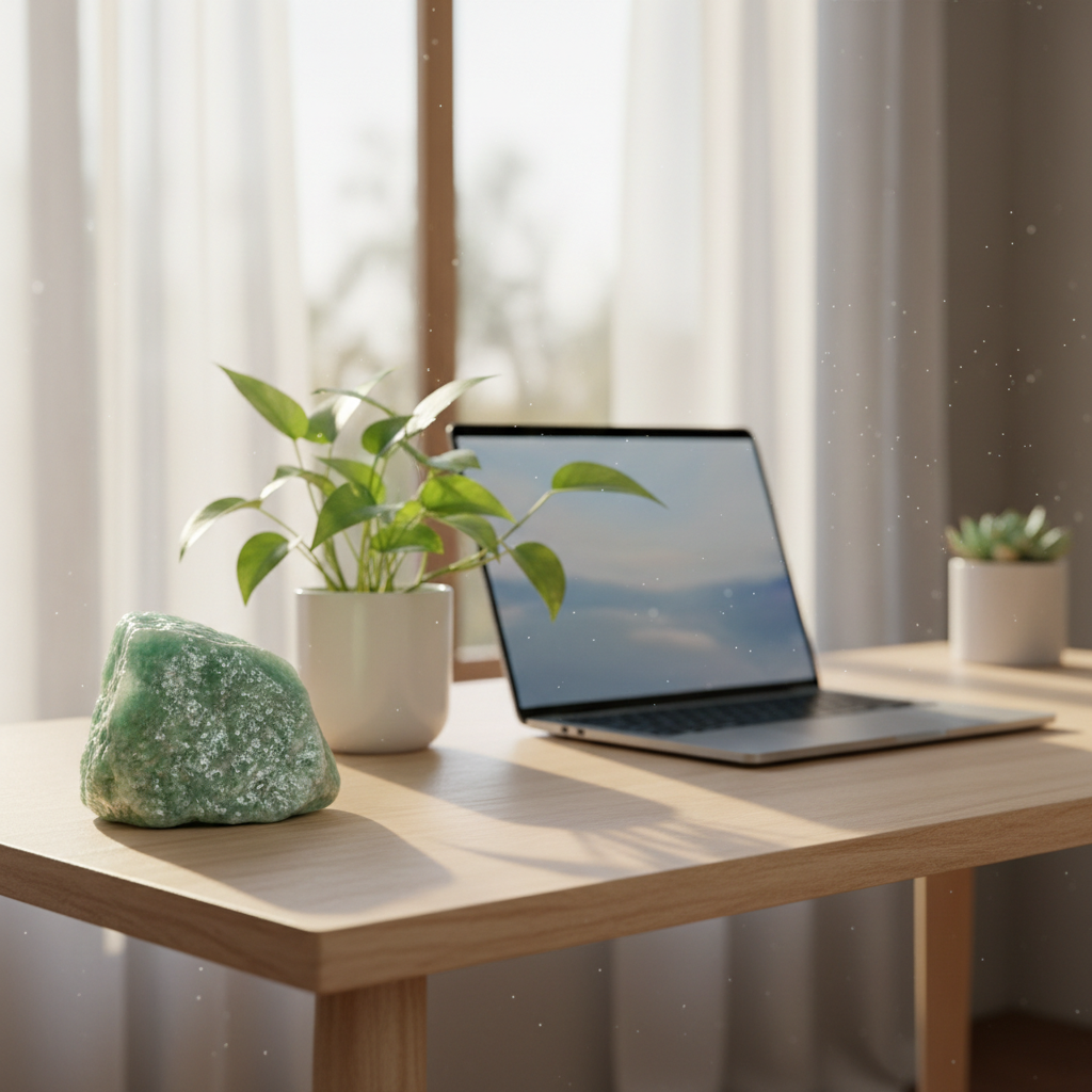Green Aventurine on a wooden office desk as a Vastu luck accent – Horocosmo