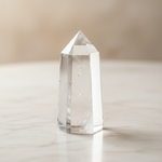 Natural Clear Quartz crystal point (Sphatik) on white marble – Horocosmo