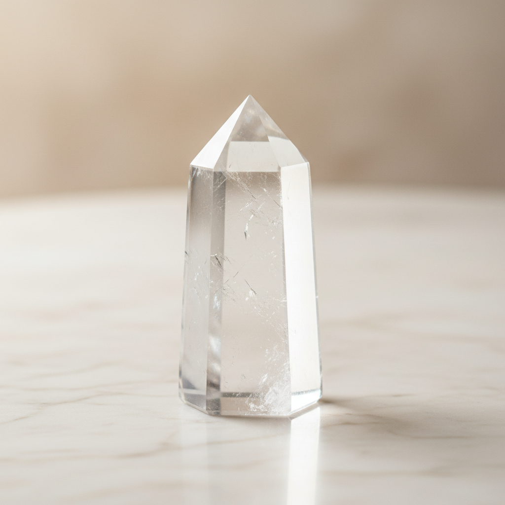 Natural Clear Quartz crystal point (Sphatik) on white marble – Horocosmo
