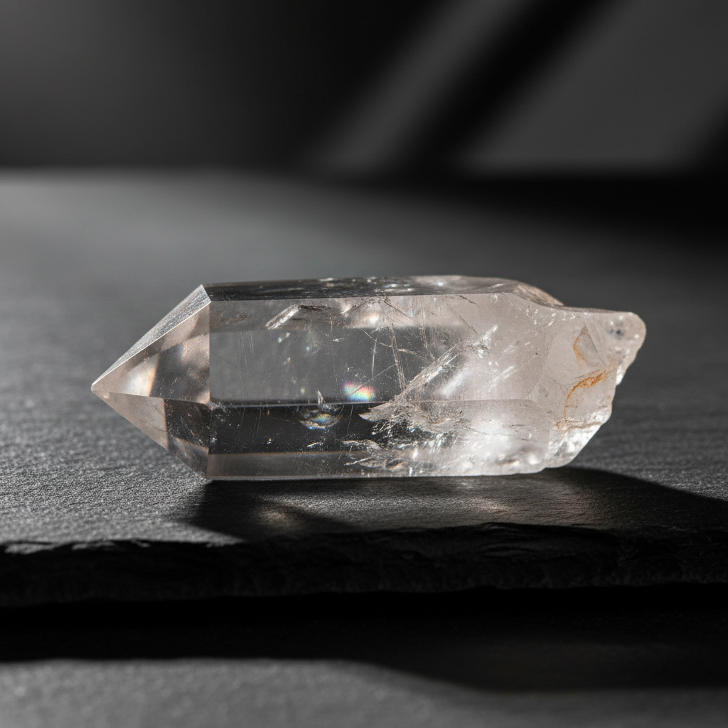 Clear Quartz point glowing on a dark background, Master Healer crystal – Horocosmo