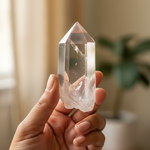 Clear Quartz point held in hand for scale, certified Sphatik – Horocosmo