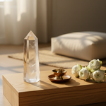 Clear Quartz point on a meditation altar with brass diya – Horocosmo