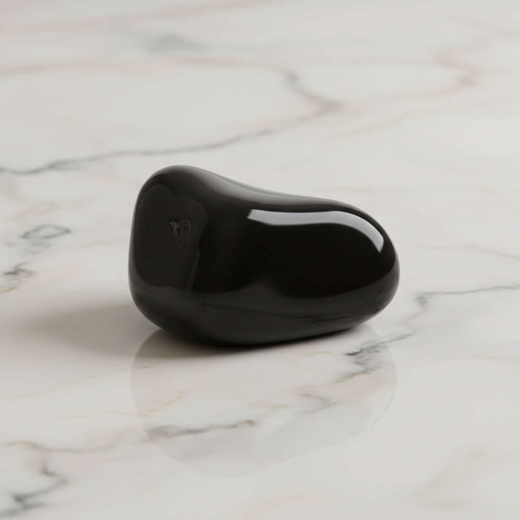 Natural Black Obsidian crystal on white marble – Horocosmo