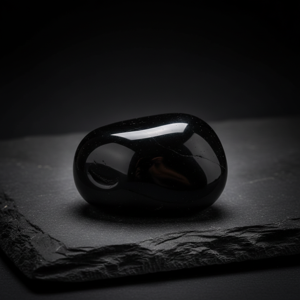 Natural Black Obsidian crystal with inner glow on dark background – Horocosmo