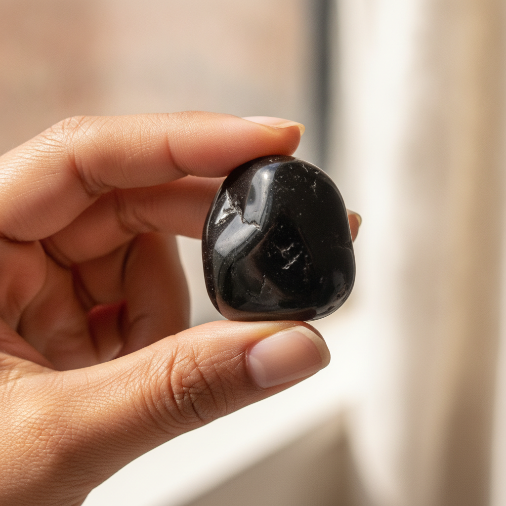 Natural Black Obsidian crystal held in hand for scale – Horocosmo