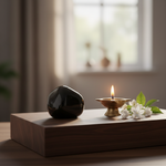 Black Obsidian crystal on a meditation altar with brass diya – Horocosmo
