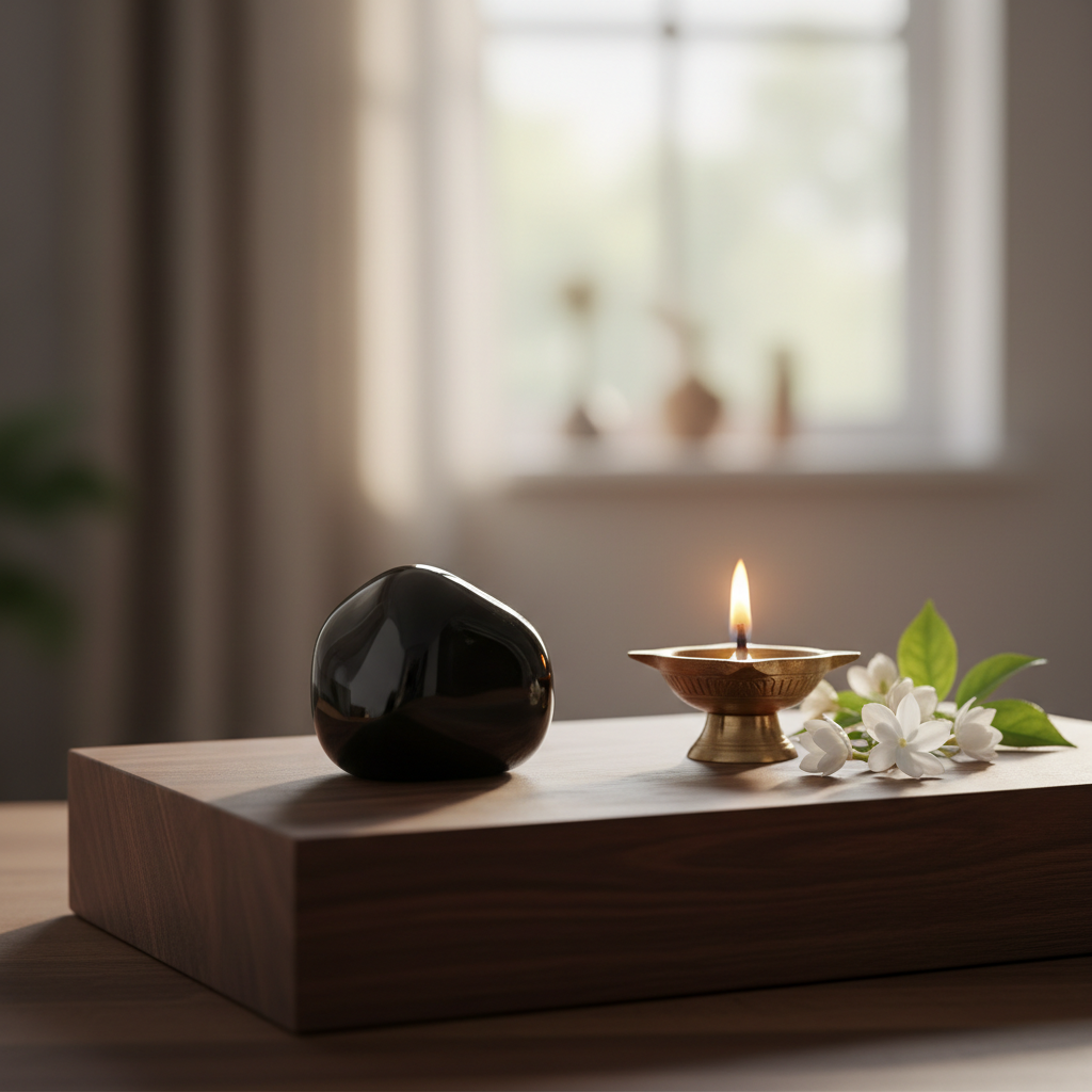 Black Obsidian crystal on a meditation altar with brass diya – Horocosmo