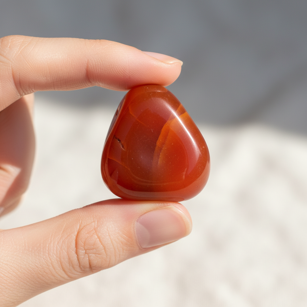 Natural Carnelian crystal held in hand for scale – Horocosmo