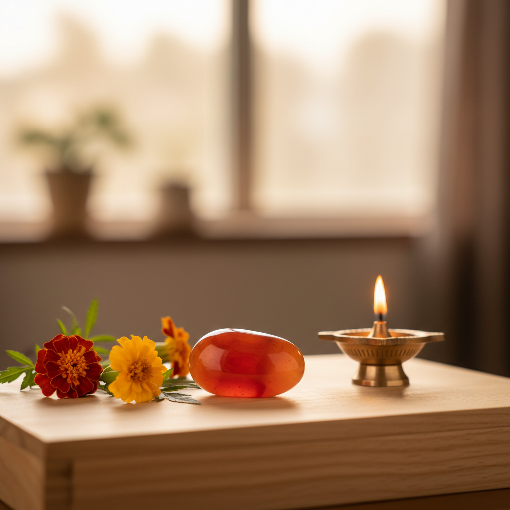 Carnelian crystal on a meditation altar with brass diya – Horocosmo