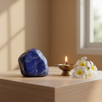 Lapis Lazuli crystal on a meditation altar with brass diya – Horocosmo