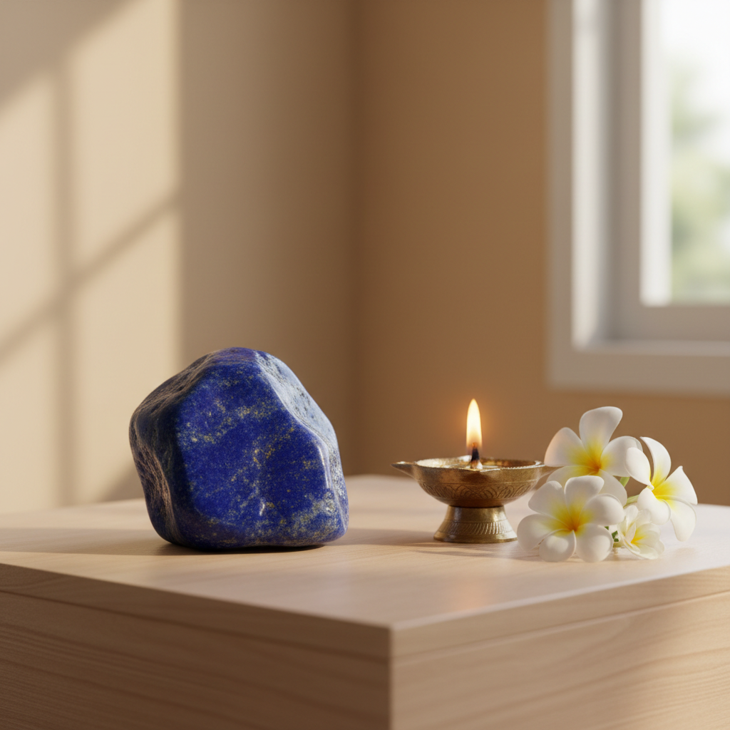 Lapis Lazuli crystal on a meditation altar with brass diya – Horocosmo
