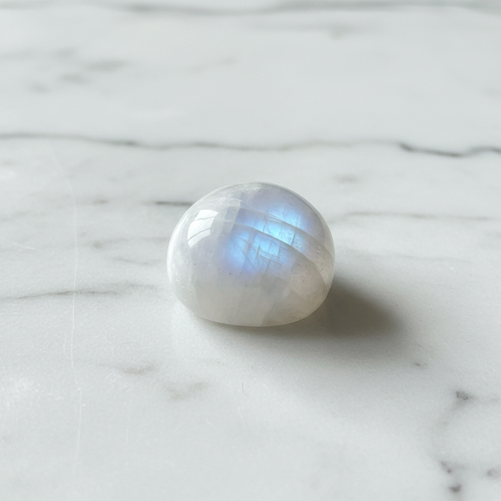Natural Rainbow Moonstone crystal with blue sheen on white marble – Horocosmo