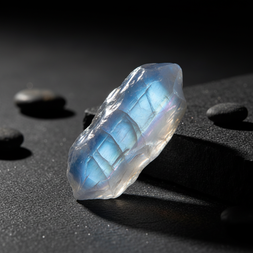 Natural Rainbow Moonstone crystal with glowing moonlight sheen on dark background – Horocosmo