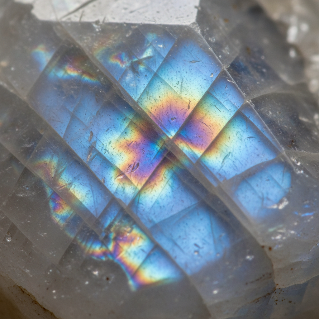 Macro texture of natural Rainbow Moonstone with blue rainbow flash – Horocosmo
