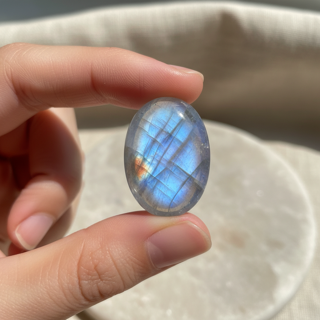 Natural Rainbow Moonstone crystal held in hand for scale – Horocosmo